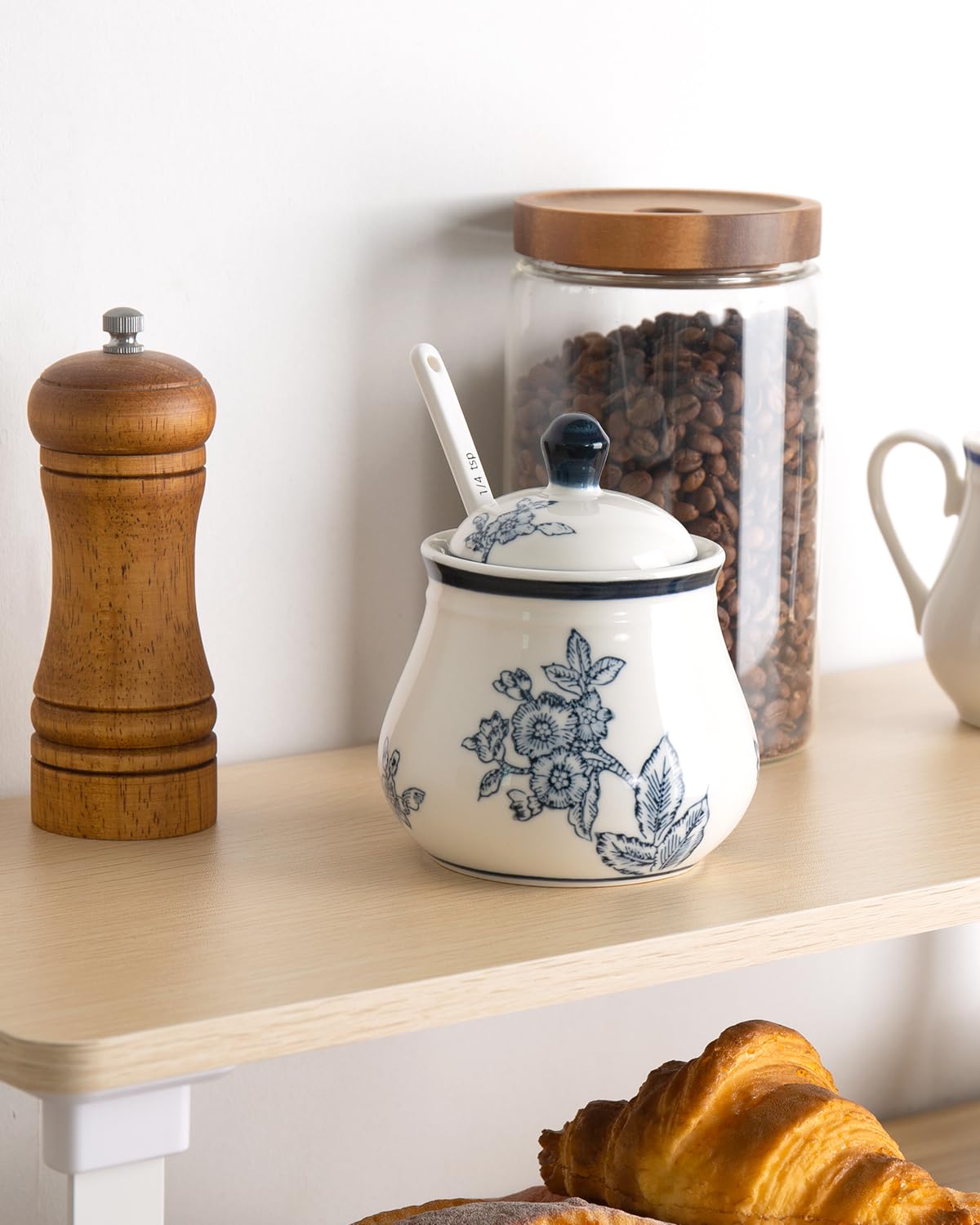 Magclay Ceramic Sugar Bowl with Lid and Spoon, 11Oz Sugar Container for Coffee Bar, Blue and White Sugar Jar/Dispenser, Flowers and Branches