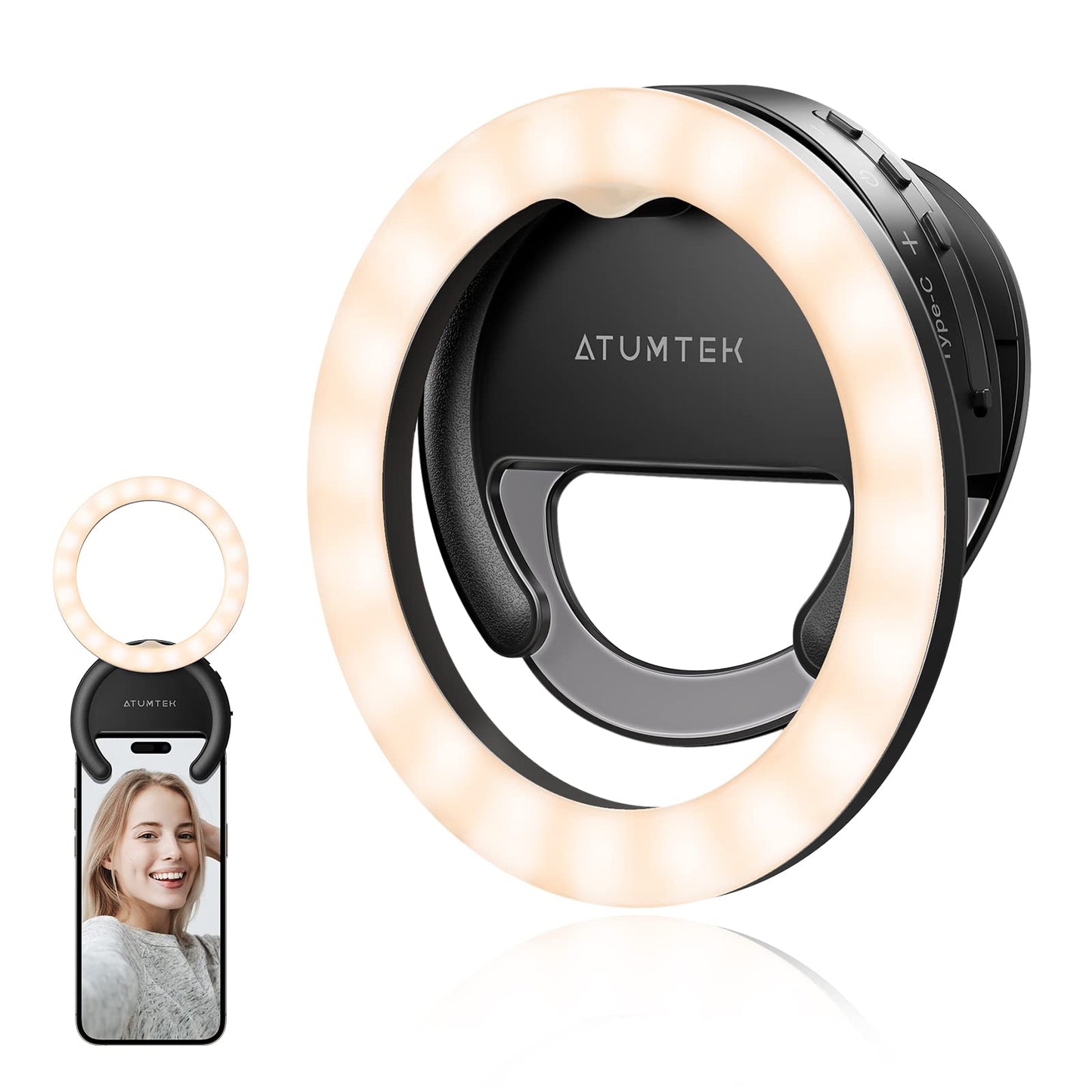 ATUMTEK 40 LED Rechargeable Clip-On Phone Selfie Ring Light for Photo and Video for Streaming, TikTok, Instagram, Zoom Meeting and Video Conferencing – Black