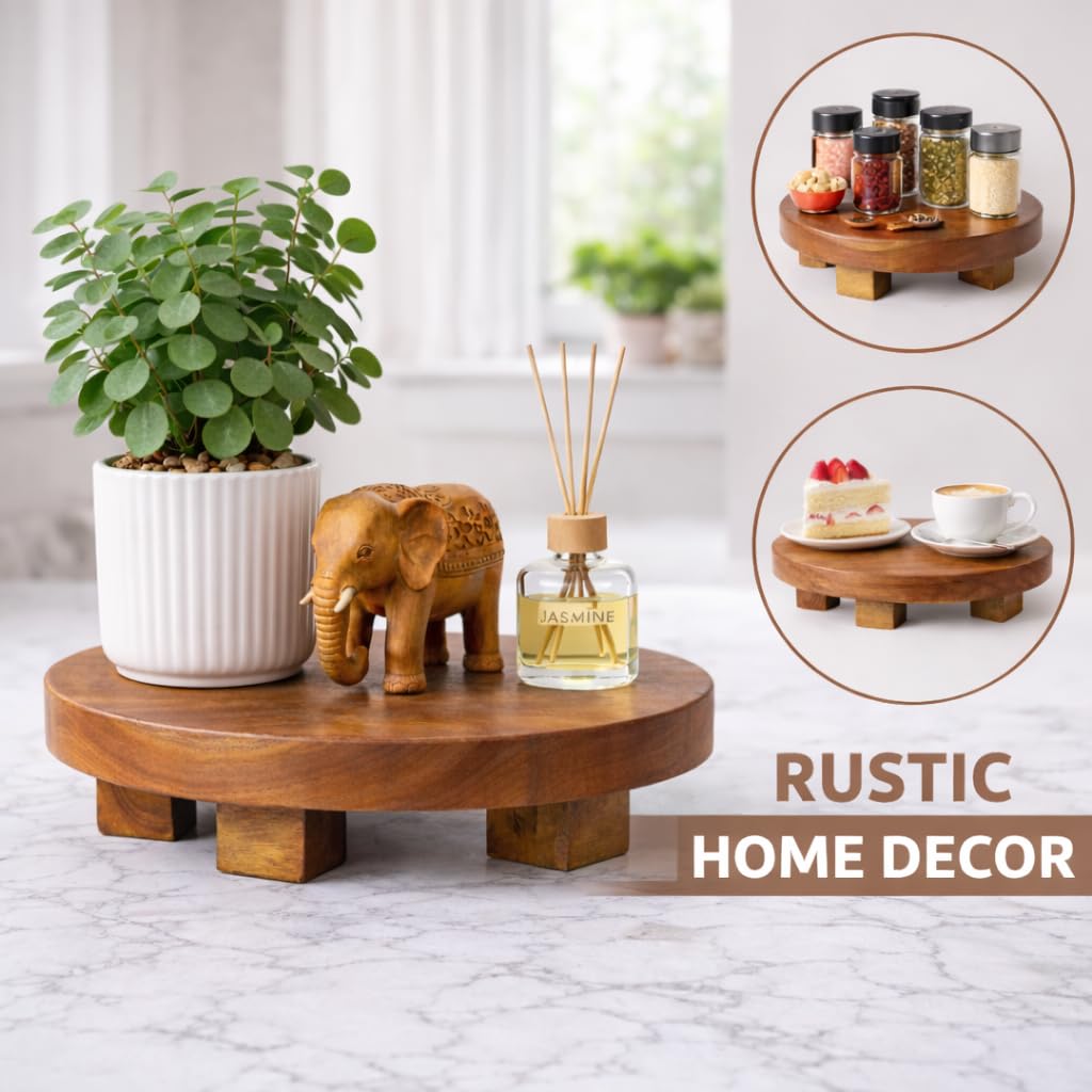 JOLLYMER Teak Handmade Display Riser for Bathroom Counter Decor, Round Pedestal Stand for Shelf, Home Centerpiece Decor