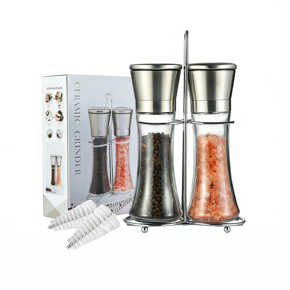 Salt and Pepper Grinder Set, 2-Piece Set, Stainless Steel Material, Adjustable Granularity, Sea Salt Grinder and Pepper Grinder Can Be Refilled, With Stand and Cleaning Brush
