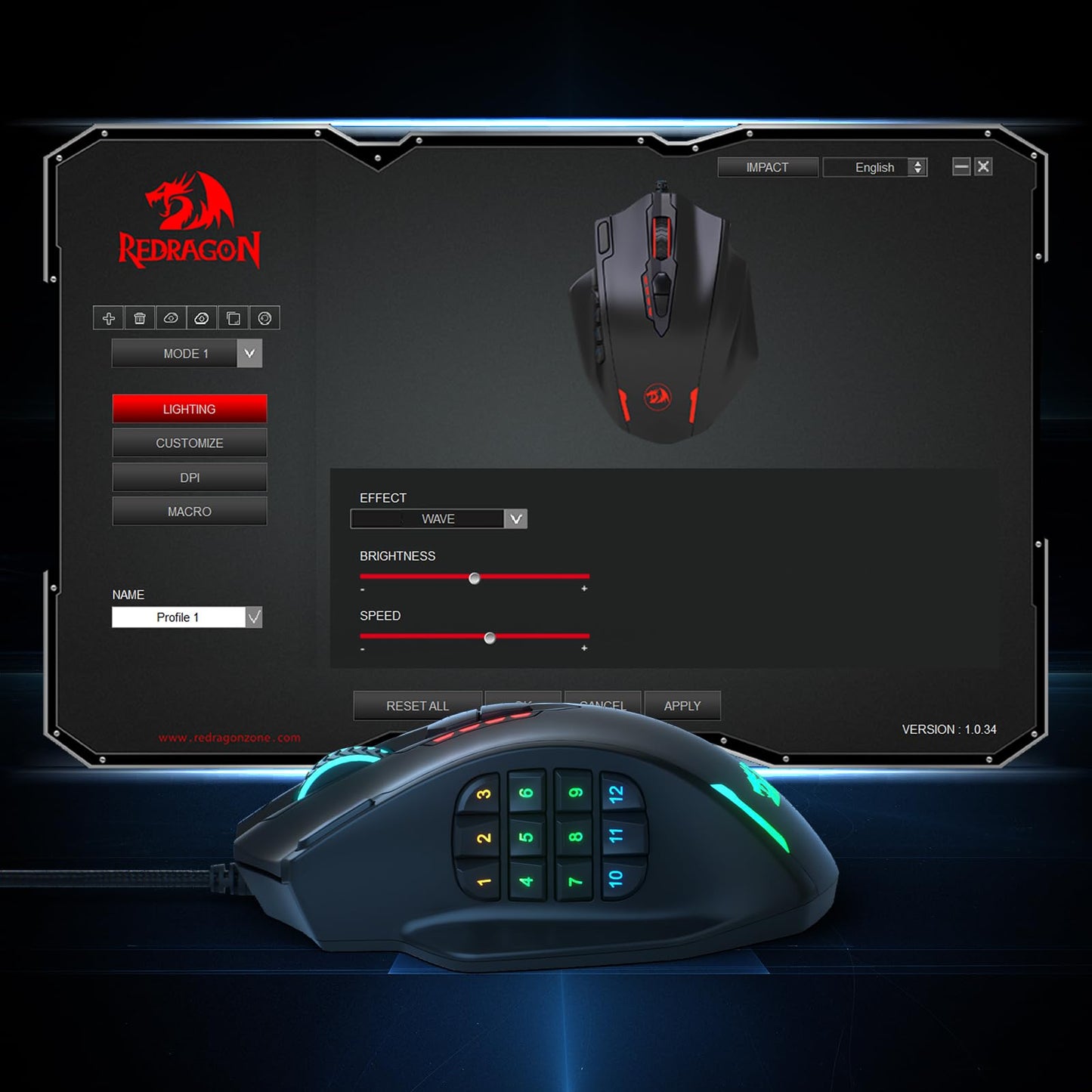 Redragon M913 Impact Elite Wireless Gaming Mouse, 16000 DPI Wired/Wireless RGB Mouse with 16 Programmable Buttons, 45 Hr Battery and Pro Optical Sensor, 12 Side Buttons MMO Mous