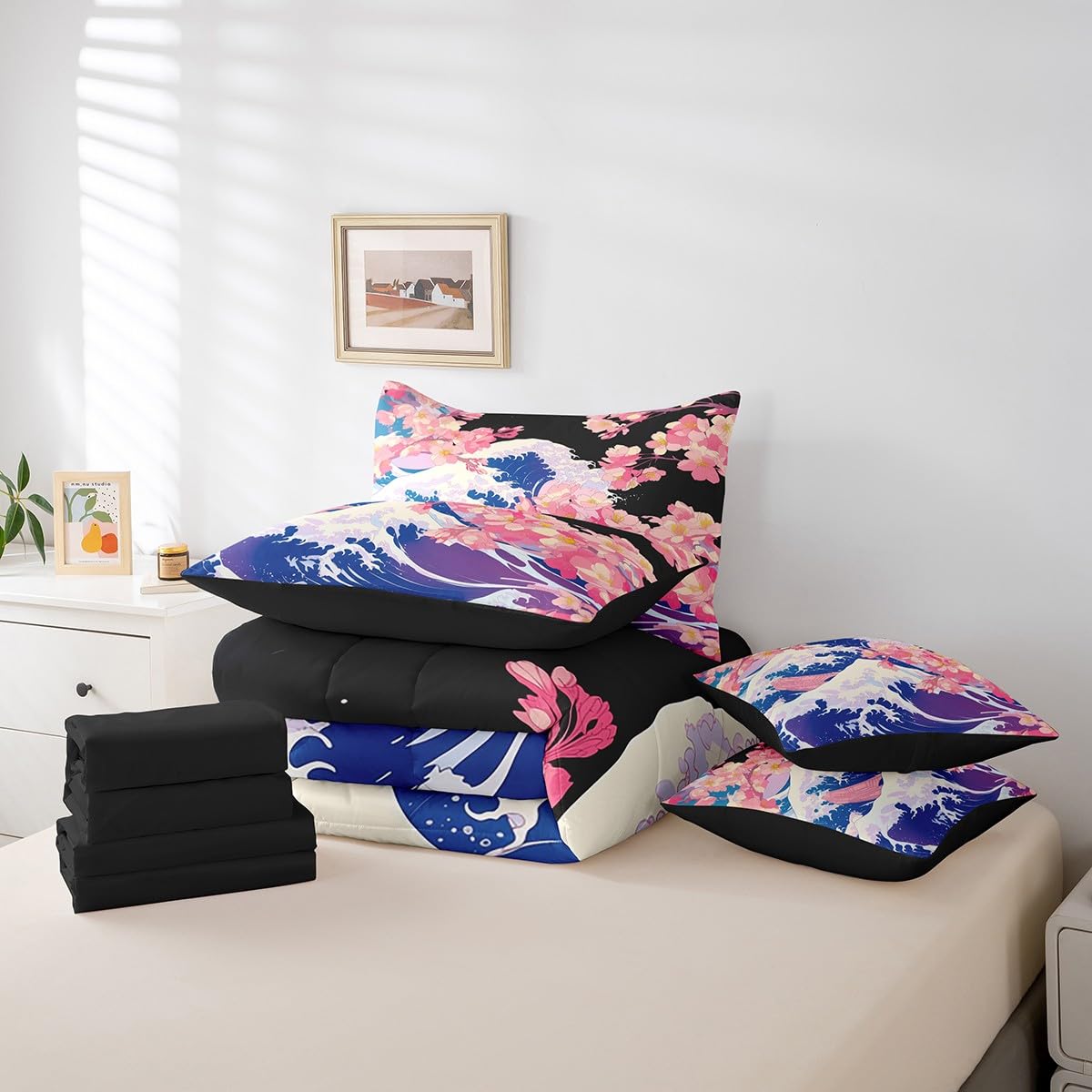 Erosebridal Japanese Ocean Waves Queen Bed Set 7 Piece,Pink Cherry Blossom Comforter Set with Sheets,Oriental Theme Aesthetic Floral Bedding Set with Fitted Sheet,Flat Sheet,Pillowcases