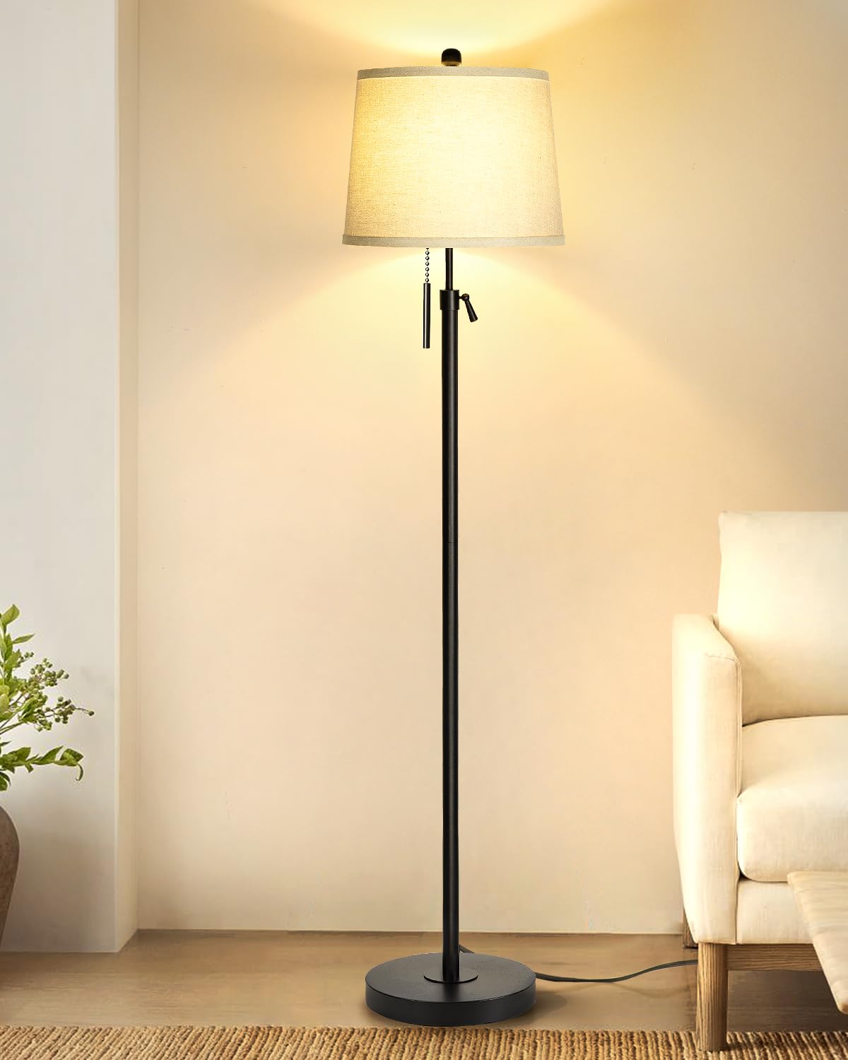JUNNAI Floor Lamps for Living Room, Black Floor Lamp Adjustable Height Standing Lamp, Dimmable Modern Tall Floor Lamp for Bedroom Office with Beige Linen Shade, 8W 3000K Bulb Included