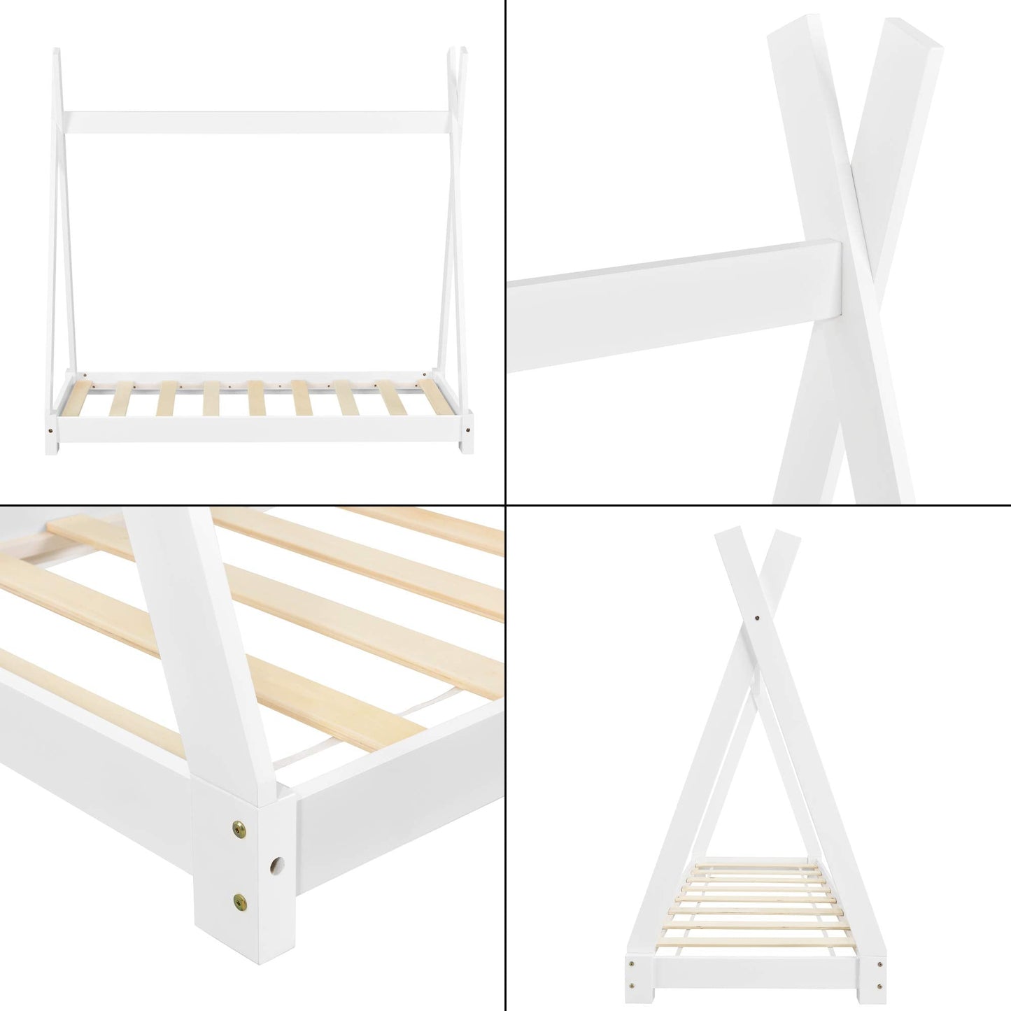 [en.casa] Children Bed 148x76x140cm Matte White Bed for Kids Pine Wood Bed Frame Indian Tent Design