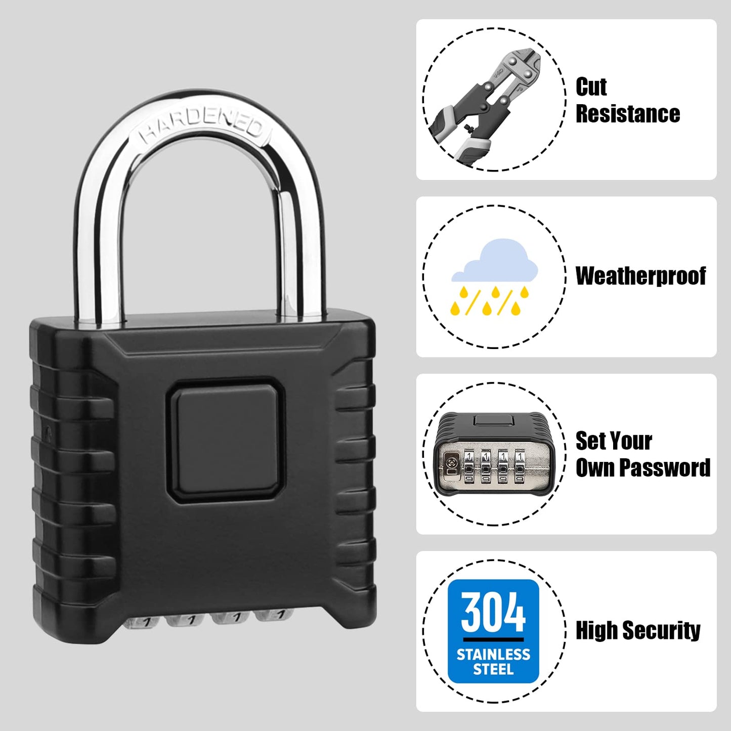 Diyife Heavy Duty Combination Padlocks Outdoor, [Weatherproof] 52mm Large 4 Digit Code Padlock with 8mm Thick 304 Stainless Steel Shackle for Garage, Home, School, Gate, Shed, Fence, Warehouse, Gym