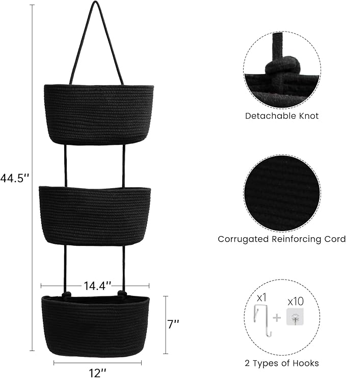 TeoKJ Over the Door Organizer, 3-Tier Woven Cotton Hanging Kitchen Baskets