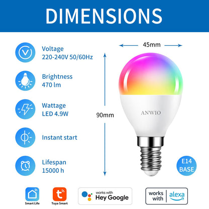 ANWIO E14 Smart Bulb,Alexa Light Bulbs,RGB Colour Changing Bulbs,Smart Life App Control,Bluetooth & WiFi Bulb,470LM, 5W Replace 40 Watt,Works with Alexa, Echo,Google Assistant (4 Pack)
