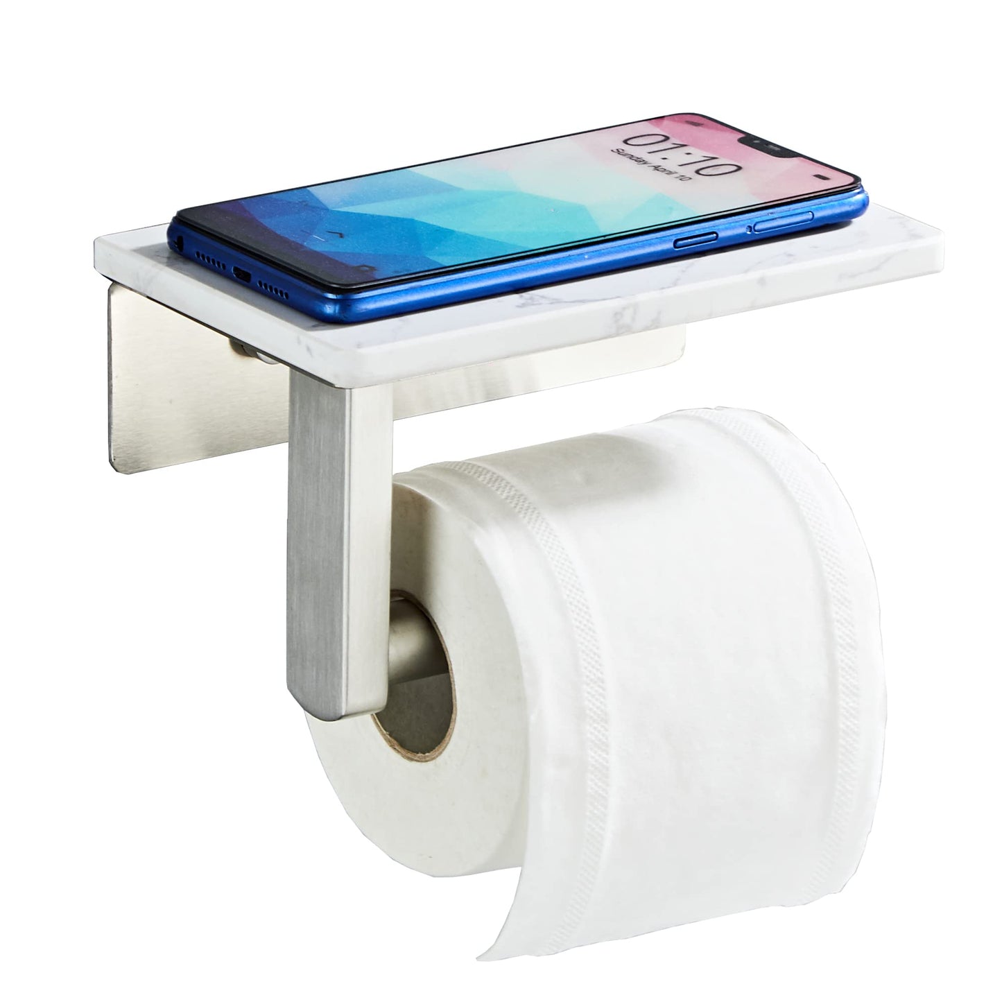 Brushed Nickel Toilet Paper Holder with Shelf, 304 Stainless Steel Screw Wall Mounted, Marble Tissue Roll Holder with Storage