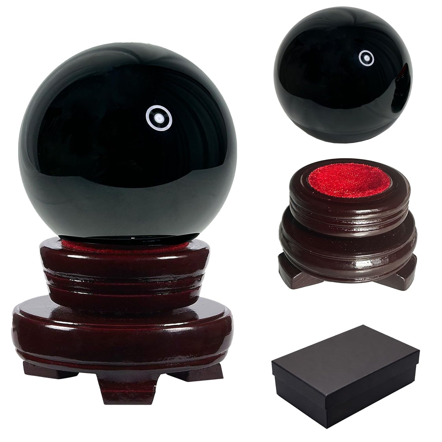 Xoevlix Black Obsidian Crystal Ball, 70mm/2.75" Crystal Sphere with Rotating Wooden Stand and Gift Box for Fengshui, Meditation, Healing, Divination, Witchcraft,Magic Mirror, Home Decoration
