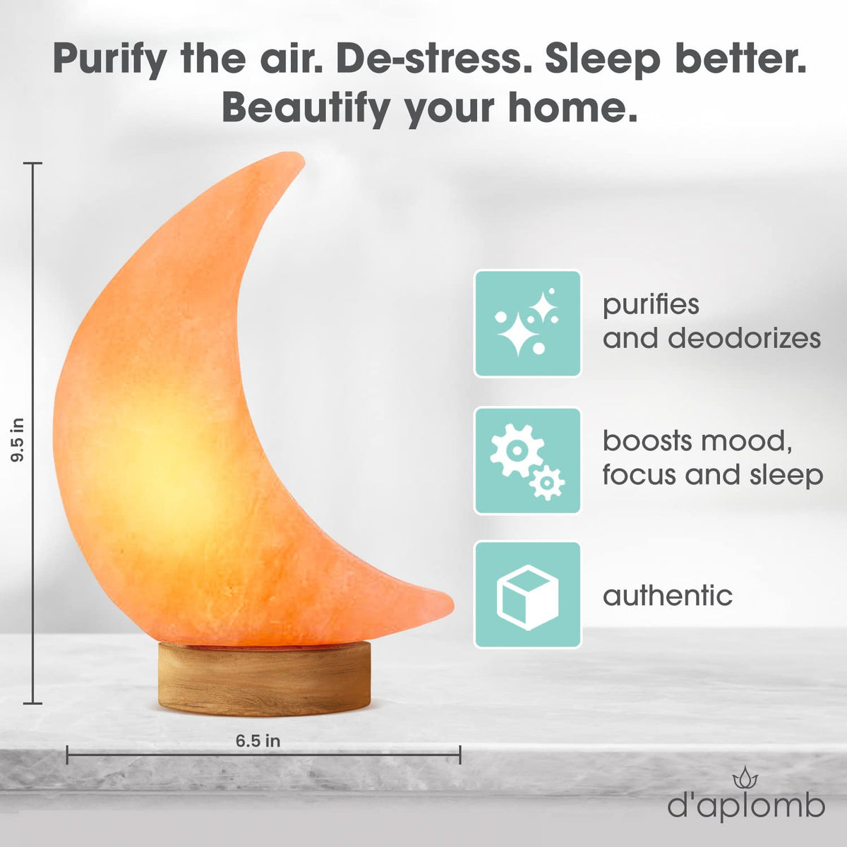 d'aplomb 100% Authentic Natural Himalayan Salt Lamp;Hand Carved Moon Pink Crystal Rock Salt from Himalayan Mountains; Dimmer Cord; 5 lbs