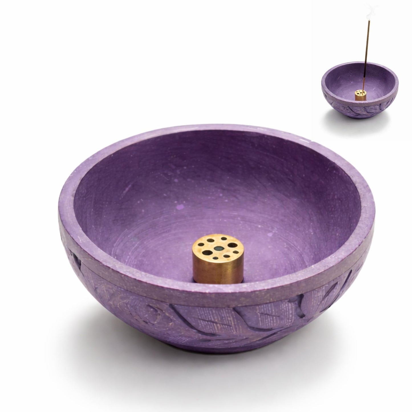 KC KULLICRAFT Natural Grey Marble Incense Holder Bowl – 5" Ash Catcher Burner for Meditation, Smudge, Palo Santo – 9-Hole Brass Insert Fits Most Incense Sticks.
