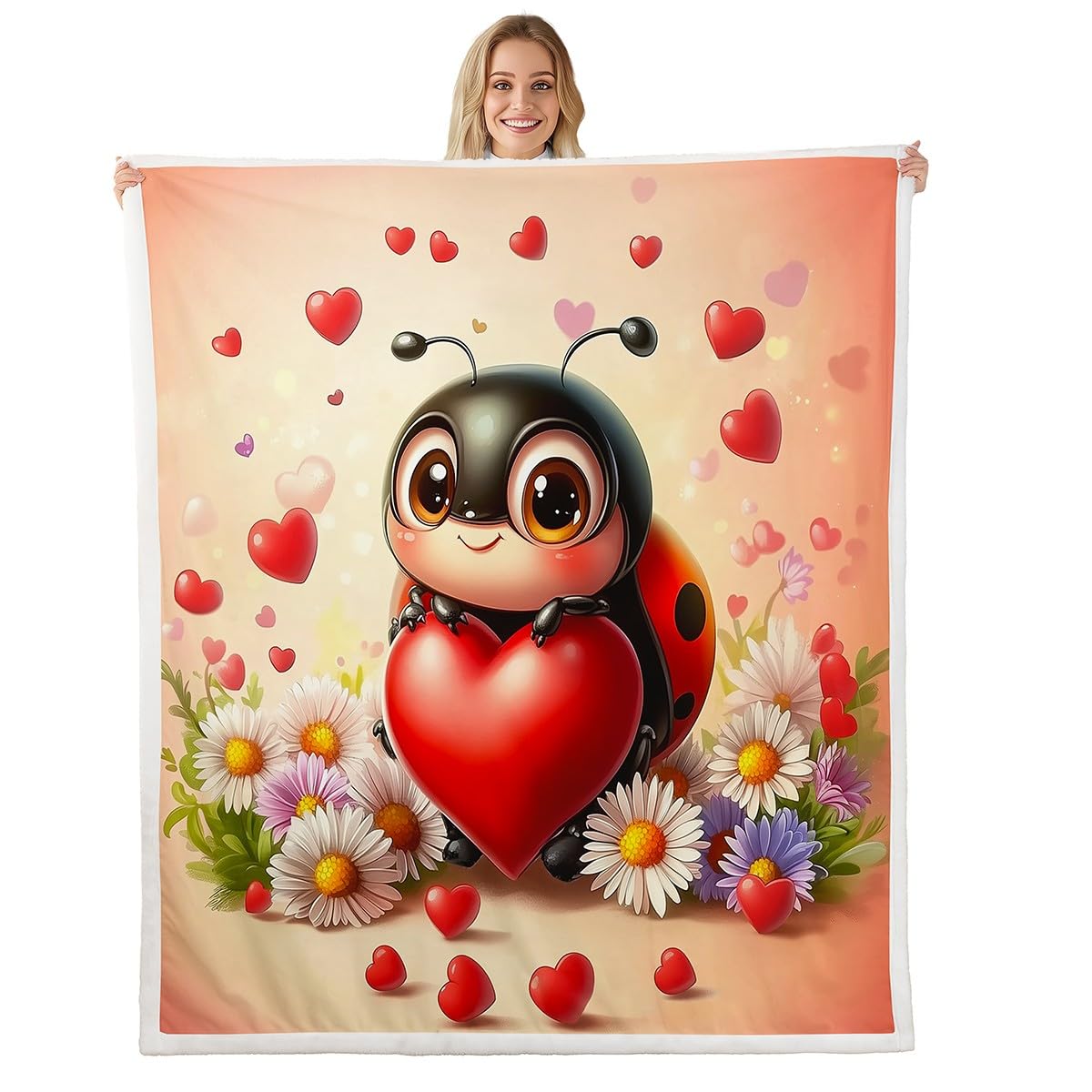 Erosebridal Throw 50"X60" Ladybug Fleece Blankets Cute Cartoon Ladybird Sherpa Blankets for Kids Boys Girls,Red Romantic Love Heart Throw Bed Blanket Spring Daisy Rustic Wild Flowers Fuzzy Blanket