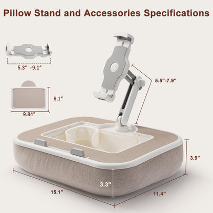 WISFISSH Tablet Pillow Stand with Snack Bowl and Writing Board, 360° Rotating Phone Holder for 4.7-13" Phone Kindle Tablet, Pillow Kindle Holder for Reading in Bed, Couch,Recliner,Floor Etc-Beige