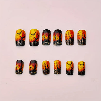 24 Pcs Halloween Press On Nails - Short Square Glossy False Nails with Bats Design, Full Cover Terror Reusable Acrylic Nails for Women's Manicure Decoration