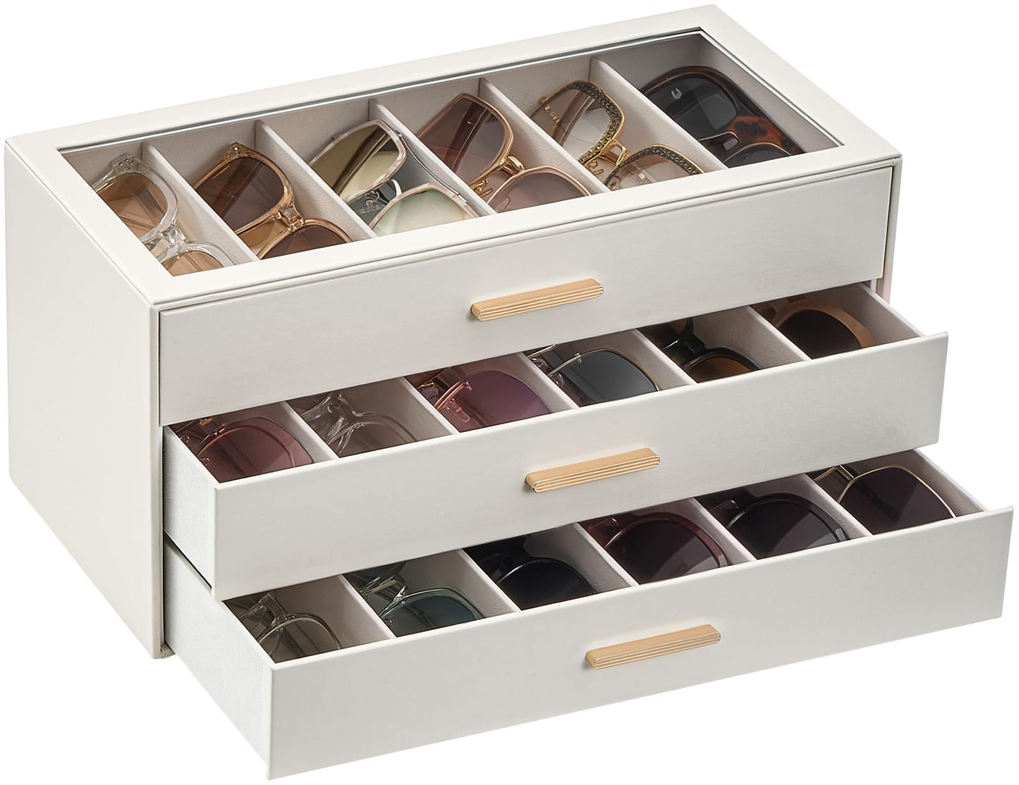 Lolalet 18 Slots 3-Layer Sunglasses Storage Box for Women, Eyewear Eye Glass Sunglass Organizer with Clear Top Lid Display Holder Case for Sunglasses Eyeglass Watch Jewelry, Mothers Day Gifts -Beige
