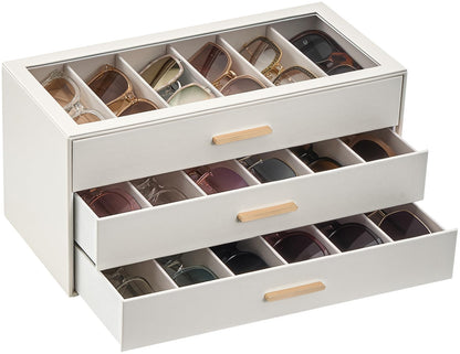 Lolalet 18 Slots 3-Layer Sunglasses Storage Box for Women, Eyewear Eye Glass Sunglass Organizer with Clear Top Lid Display Holder Case for Sunglasses Eyeglass Watch Jewelry, Mothers Day Gifts -Beige