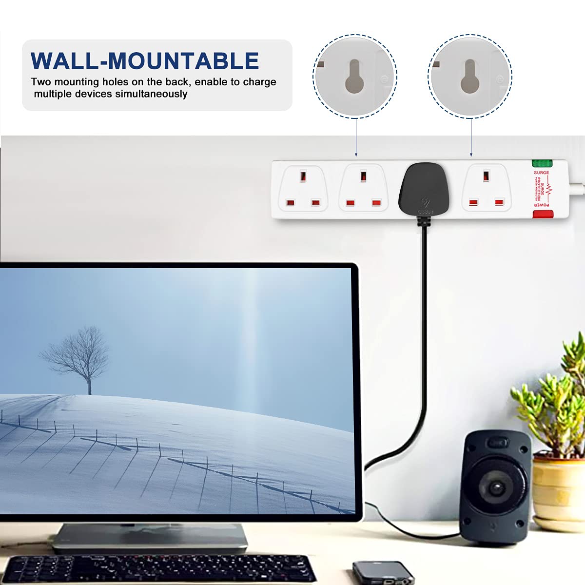 ExtraStar 4 Way Extension Lead with Surge Protection, 13A/250V~ Multi Sockets Power Strips, 3120W Fused UK Plug Wall Mounted Power Socket with 1M Extension Cord-White