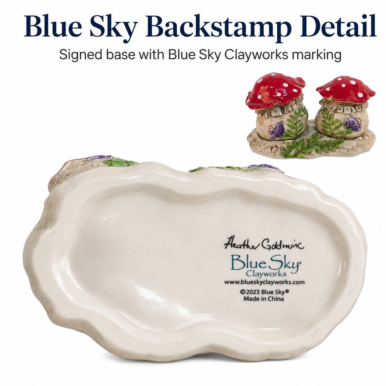Blue Sky Clayworks Flourishing Mushroom Salt and Pepper Set with Delecate Violet Floral Accents