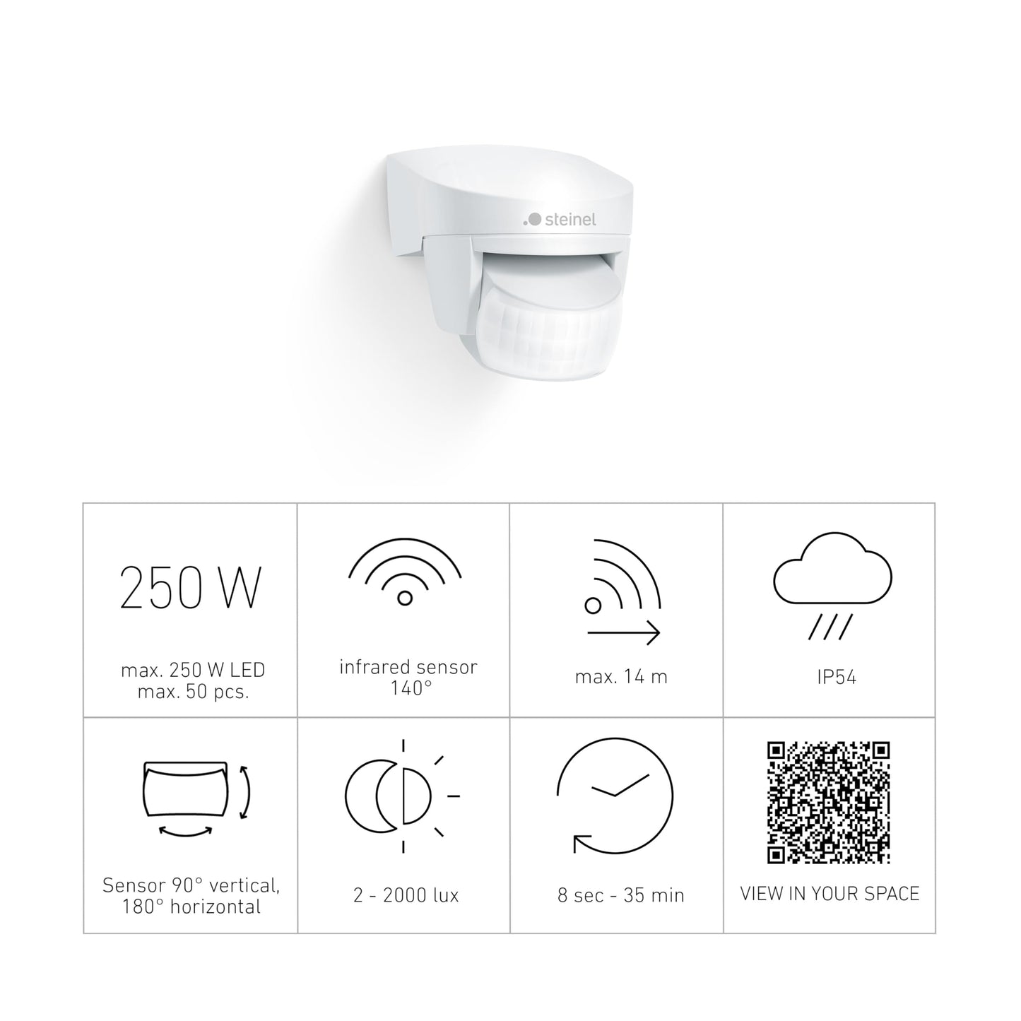 Steinel Motion Sensor IS 140-2 White, 140° Infrared Movement Detector, 14m Range, Swiveling, Max. 1000 W or 6 LED Lights