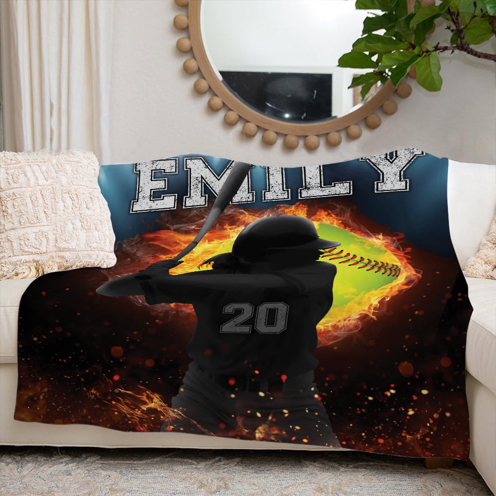Custom Softball Player Blanket, Softball Blankets for Adults, Sport Girls Gifts Super Soft Warm and Comfortable Throw Blanket for Fall Winter Spring All Season