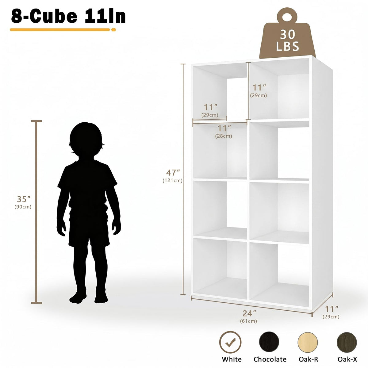 Endearing Limons【2026 Wooden 8 Cube Shelf Storage Organizer with Anti-Tipping Kits + Reversible Open Back Solid Panel Bookcase (11 x 11 Unit Cell White)