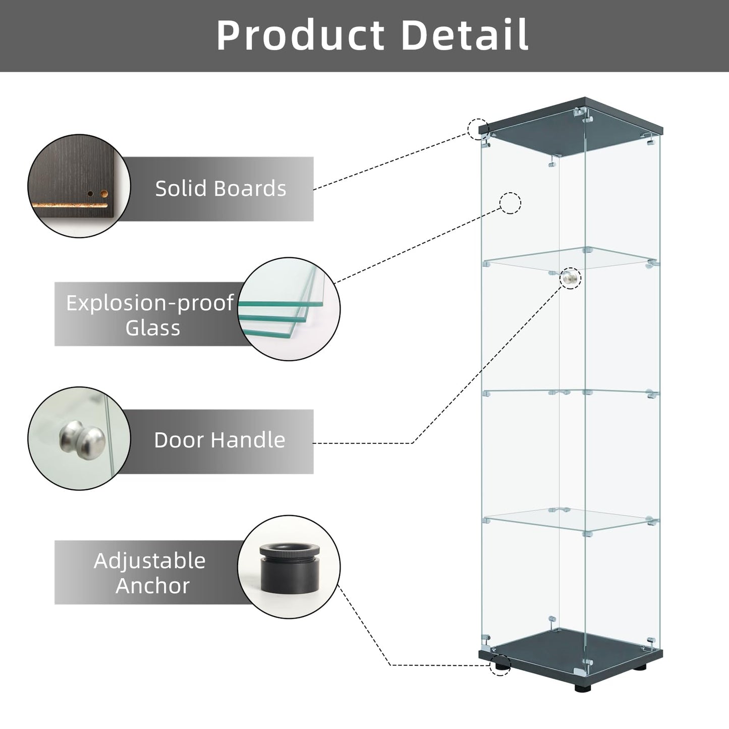 LFT HUIMEI2Y Glass Display Cabinet with Door & Lock, 4-Tier Curio Cabinet for Collectibles, Figures, Wine, Tempered Glass Display Case for Living Room Bedroom Office, 65”x 17”x 14” Black