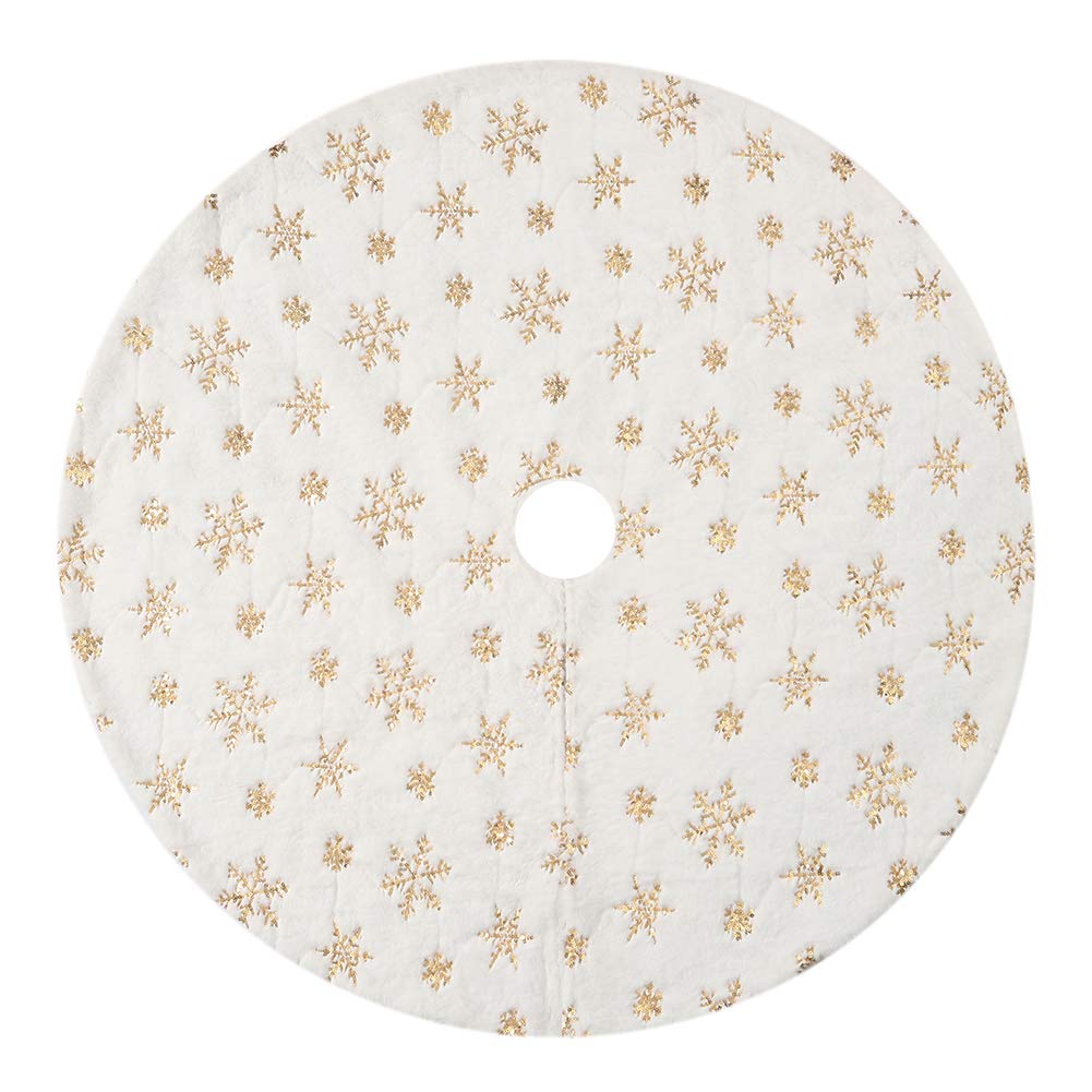 Sattiyrch Christmas Sequin Tree Skirt 36in,White Soft Thick with Golden Snowflakes Decorations for 5FT 6FT 7FT Xmas Tree