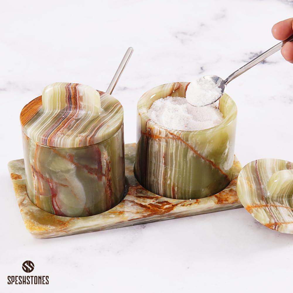 SPESHSTONES Marble Salt Cellar Green 4 Inch Salt Jar with Lid, Table Salt Containers for Countertop, Salt Dish, Salt Holder, Spice Jars, Sugar Bowl, Seasoning Container Set of 2, Salt Dispenser