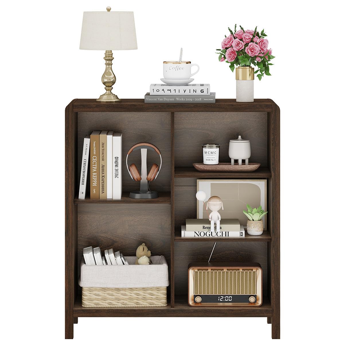 FATORRI 5 Cube Bookshelf, Wood Bookcase with 3 Adjustable Shelves, Farmhouse Cube Storage Organizer Shelf for Small Space Bedroom Living Room (Dark Walnut)