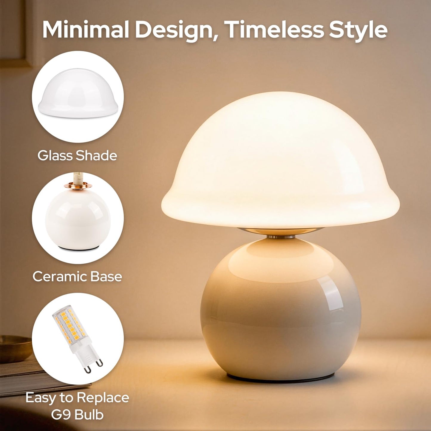 Komothala Mushroom Table Lamp for Bedroom, Cozy Bedside Lamp with Glass Shade, Stepless Dimmable Nightstand Lamp for Relaxing Bedroom Decor & Aesthetic Home (White)