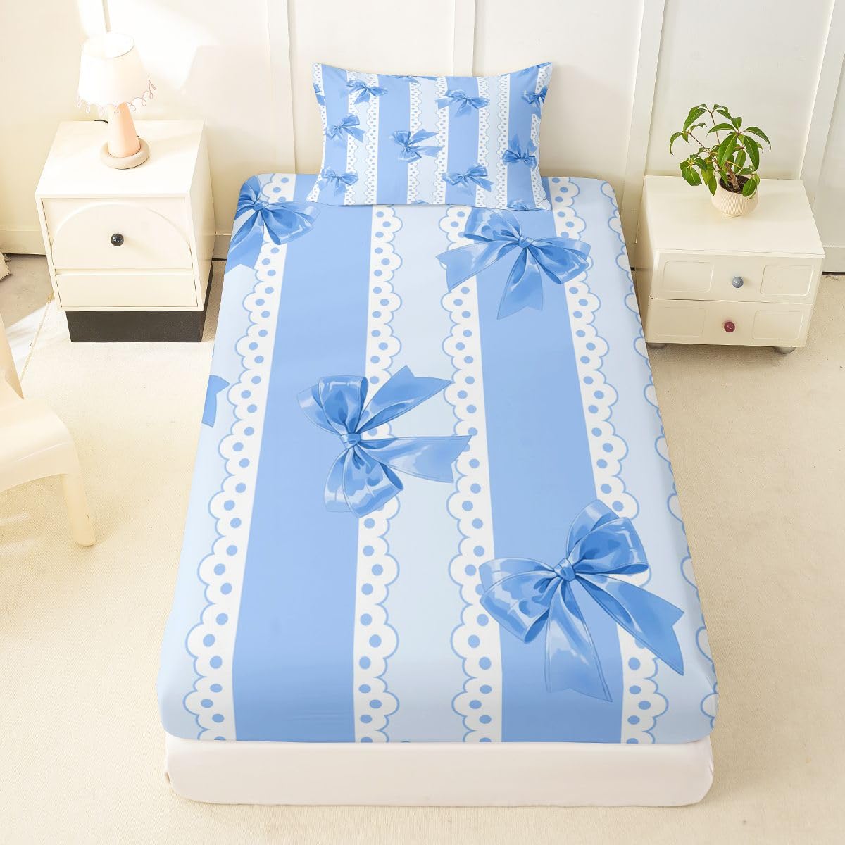 jejeloiu Blue Bow Stripe Bowknot Fitted Sheet Twin Size for Kids Boys Girls Ribbon Cute Kawaii Bed Sheets Set 16" Deep Pocket Dreamy Princess Bowknot Bedding with 1 Pillowcase Room Decor