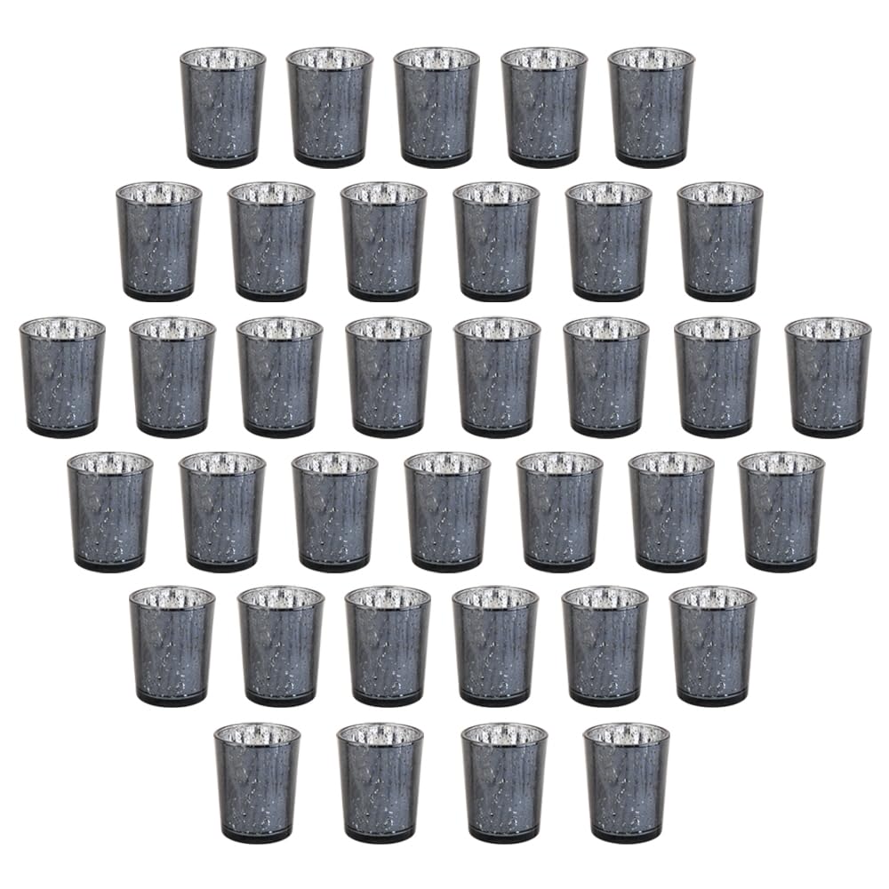 BTGLLAS Black Mercury Glass Tea Light Holders Set of 36 - Elegant Votive Candle Holders for Weddings, Showers and Home Decor - Perfect for Table Centerpieces and Parties (Glass, Black)