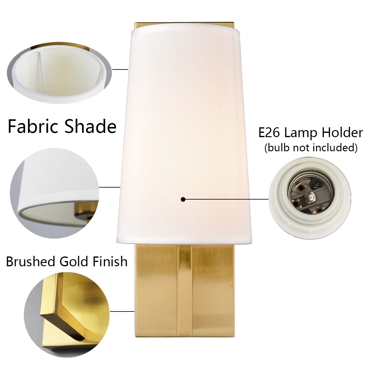 TEENYO Gold Wall Sconces Set of Two Mid-Century Modern Fabric Shade Sconces Wall Lighting Indoor Brass Wall Lamp for Bedroom Hallway Living Room