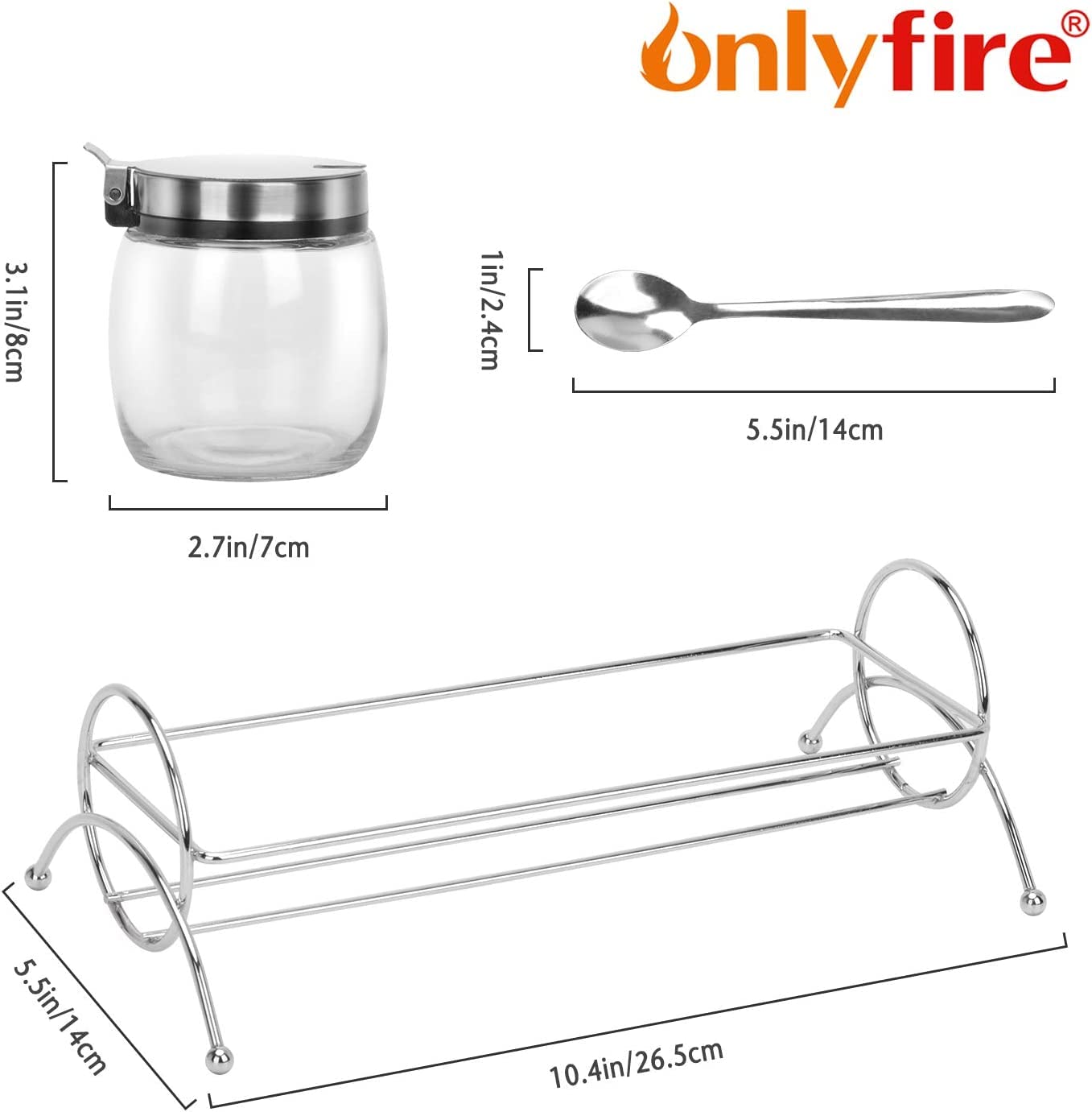 onlyfire Condiment Jar Spice Container with Lids, Stainless Steel Serving Spoons, Base Rack and Labels - Glass Seasoning Bottles Kitchen Accessories | Set of 3