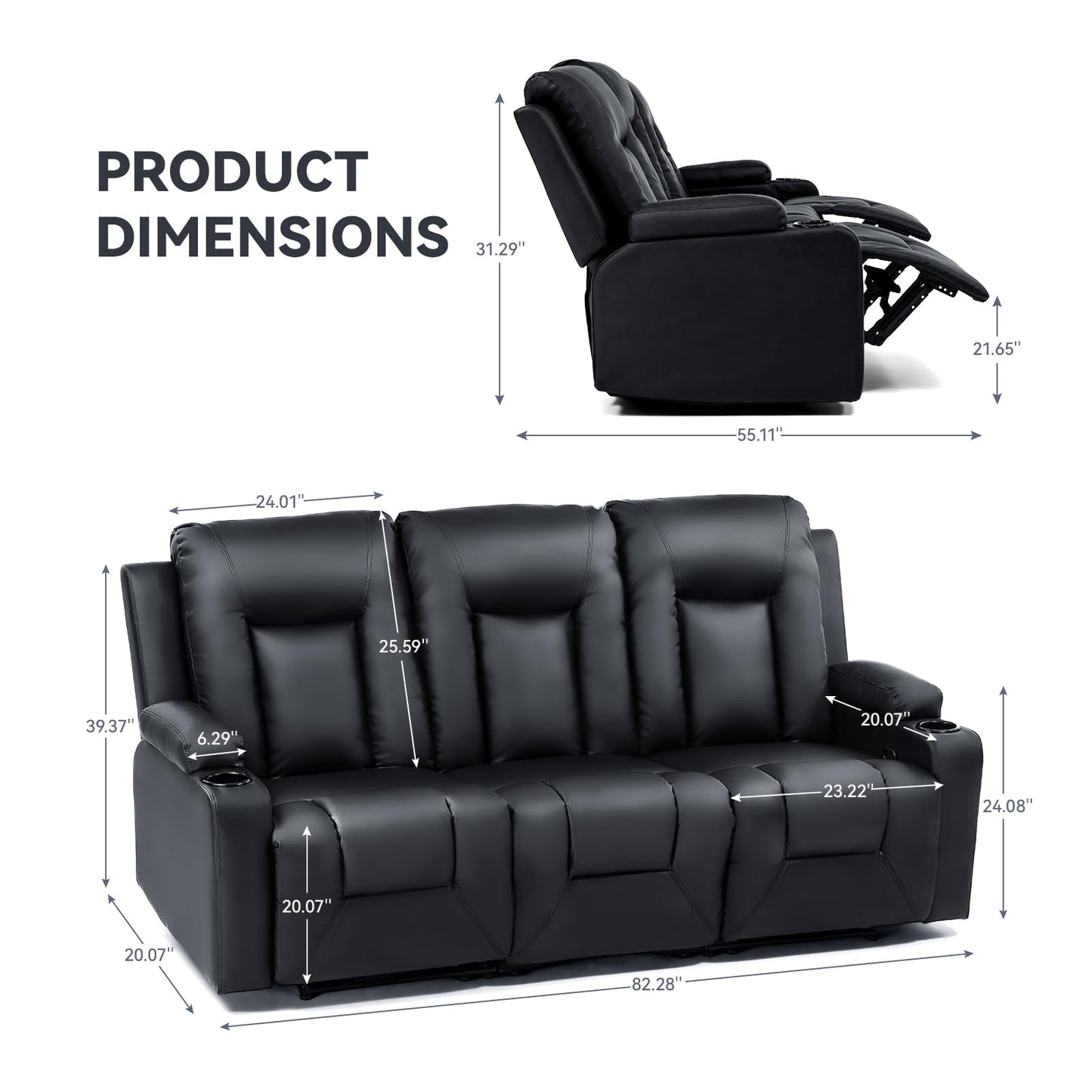 COMHOMA Recline Chair Set，Furniture 3PC Bonded Leather Recliner Set Living Room Set, Sofa, Recline Chair with massger(Black,Living Room Set 3)