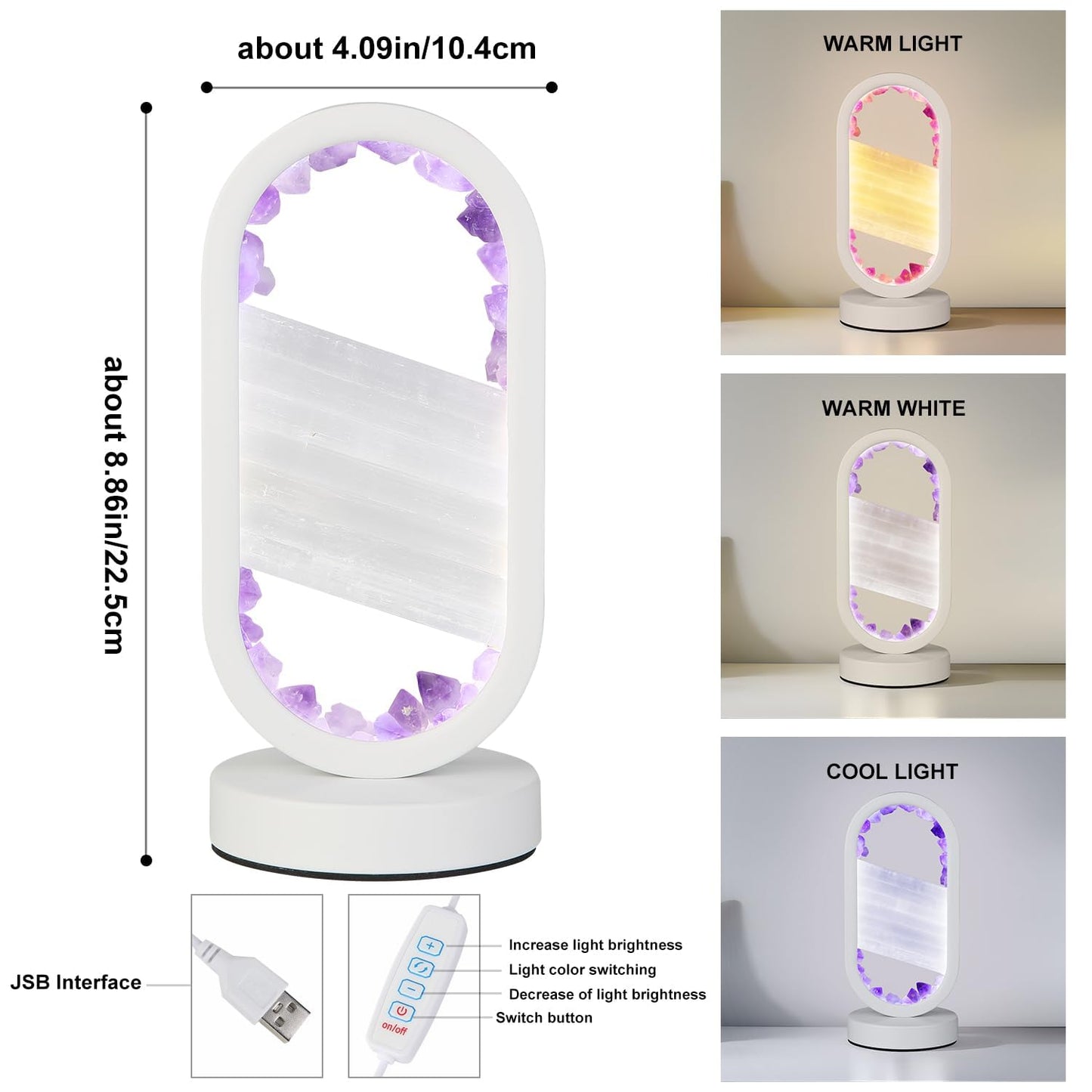 GC QUILL Natural Amethyst Selenite Crystal Healing Night Lamp, White