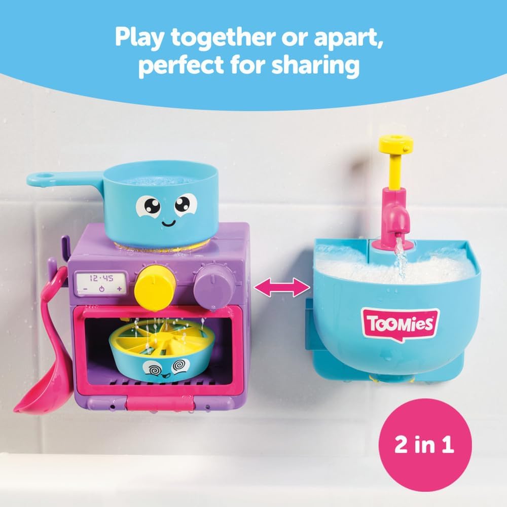 Toomies E73264 Bubble & Bake Bathtime, Bath Toddlers, Kitchen Themed Bubble Making Toy, 2 in 1 Set, Kids Water Play Suitable for 18 M & 2 3 & 4 Year Old Boys & Girls, Multicoloured, 21 X 28 X 15 cm