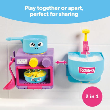 Toomies E73264 Bubble & Bake Bathtime, Bath Toddlers, Kitchen Themed Bubble Making Toy, 2 in 1 Set, Kids Water Play Suitable for 18 M & 2 3 & 4 Year Old Boys & Girls, Multicoloured, 21 X 28 X 15 cm