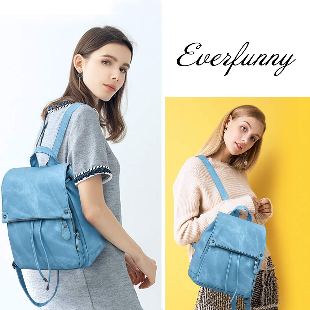 Everfunny Women Backpack Waterproof Anti-theft Lightweight PU Fashion Leather Nylon School Shoulder Bag Travel Cute Backpack Ladies(Blue)