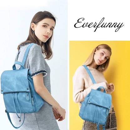 Everfunny Women Backpack Waterproof Anti-theft Lightweight PU Fashion Leather Nylon School Shoulder Bag Travel Cute Backpack Ladies(Blue)
