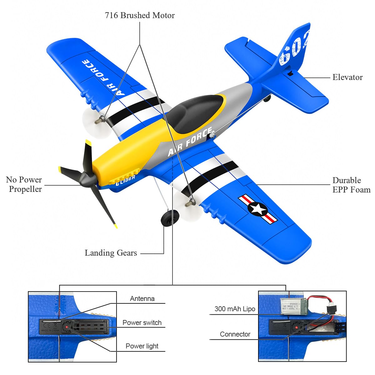 HAWK'S WORK 3 Channel RC Plane P-51D Mustang, Remote Control Airplane Ready to Fly, 2.4GHz 6-axis Gyro Stabilizer, Easy to Fly for Kids & Beginners