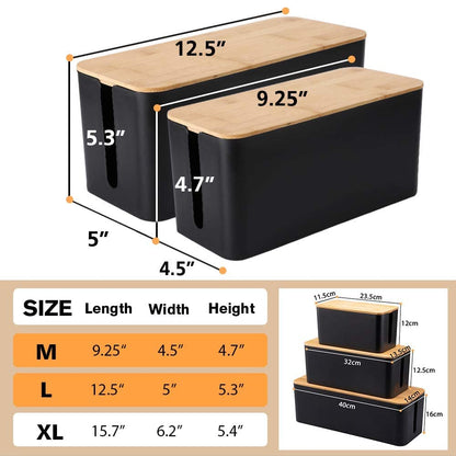 Cable Management Box, 2 Pack Bamboo Lid Large Storage Wires Organizer Holder for Home, Desk, TV, Computer, USB Hub - to Cover Hide Surge Protector Conceal Power Strips & Cords (Black)