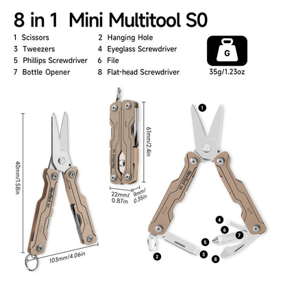 NexTool Micro Sailor Scissors S0, Mini Keychain Multitool with Serrated Scissors, 8-in-1 Lightweight EDC Tool for Travel, Outdoor, Everyday Carry, Cool Gadget for Men(khaki)