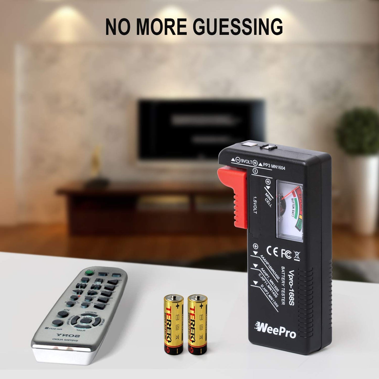 WeePro Universal Battery Checker - Small Battery Tester for AAA, AA, C, D, 9V, 1.5V, Button Cell - Household Batteries
