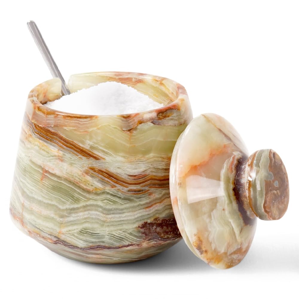 EARTHEN CRAFTS Marble Salt Cellar with Lid & Spoon Green Onyx 4" Inch Salt Box, Stone Salt Storage Container & Spice Jar, Salt Dish Salt Holder for Counter, 9.5 OZ Capacity