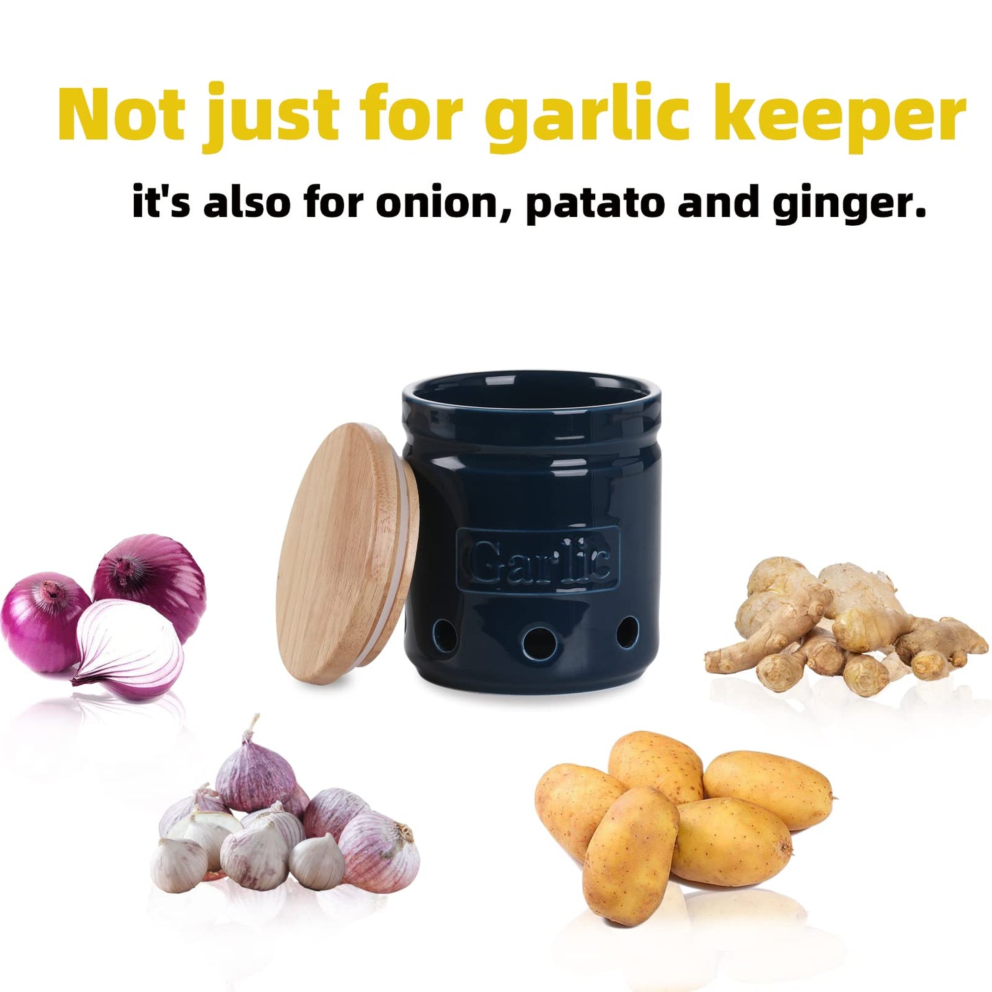 ONTUBE Garlic Keeper with Wooden Lid, 4.5-Inch Ceramic Garlic Holder 24oz (Navy)