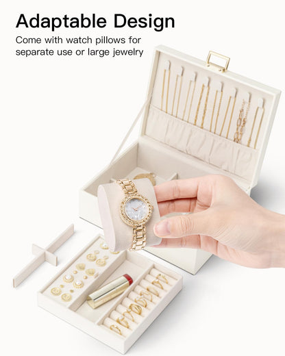 Vlando Jewellery Box, 2 Layer Jewellery Organiser with Watch Pillow, Jewellery Storage Case for Necklace,Bracelets, Earring Storage Organiser, Gift for Women,White