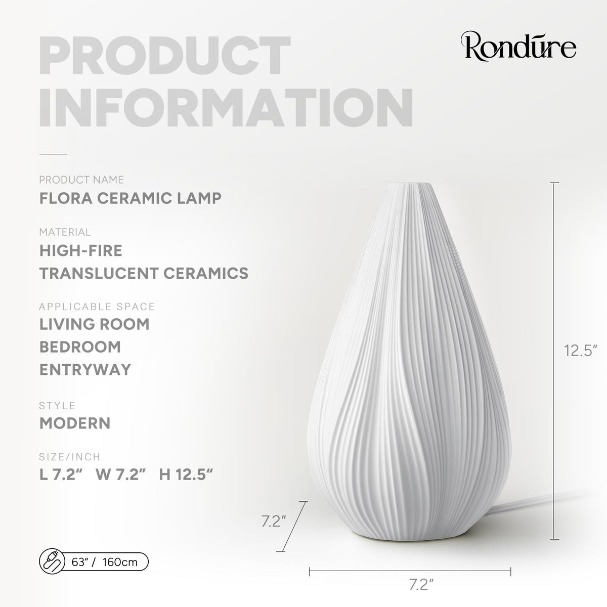 RONDURE 12.5" Modern Ceramic Table Lamp, Fully Dimmable Bedside Lamp for Bedroom Living Room Nightstand, White Translucent Ceramic Shade, Warm Ambient Decorative Corded Lighting, Bulb Included