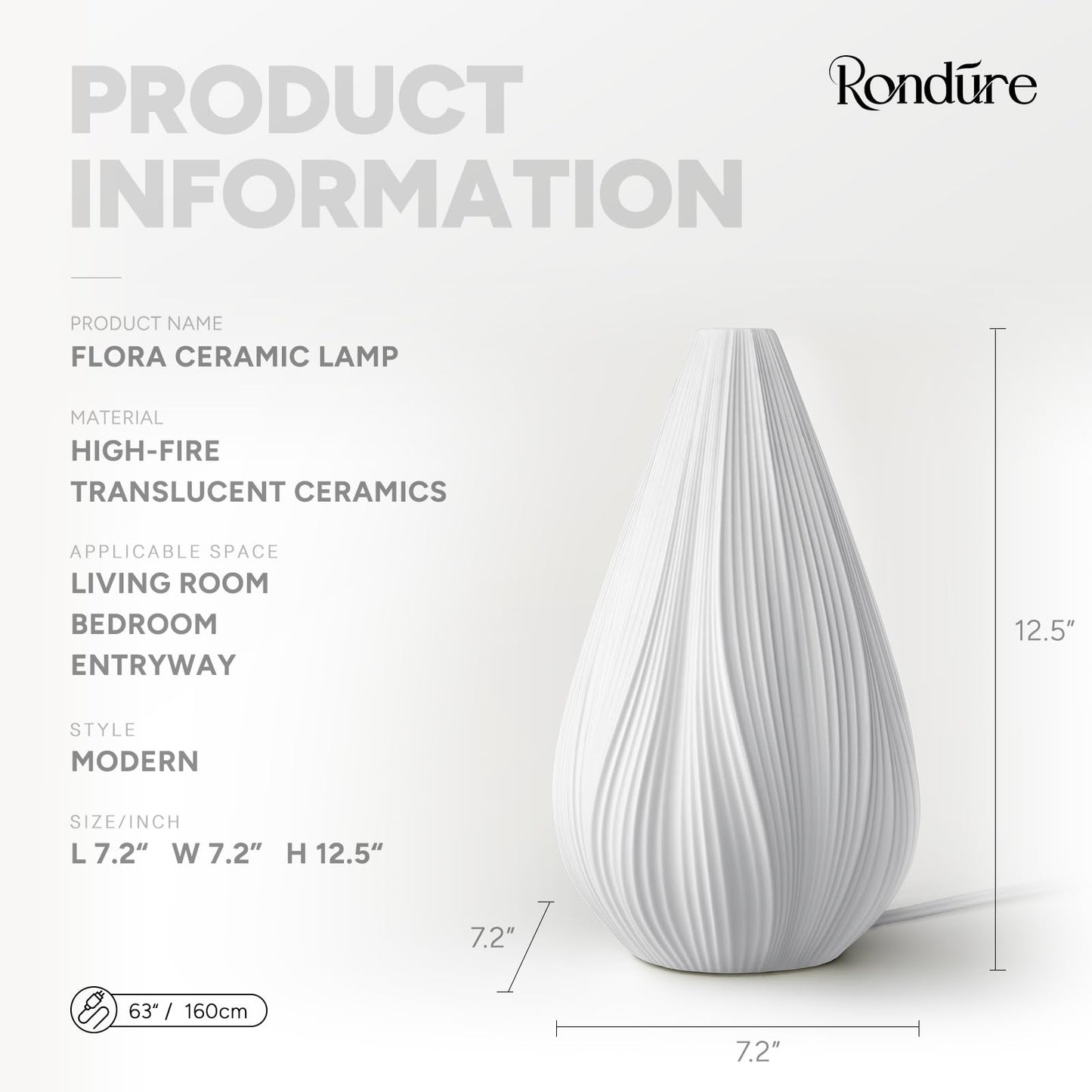 RONDURE 12.5" Modern Ceramic Table Lamp, Fully Dimmable Bedside Lamp for Bedroom Living Room Nightstand, White Translucent Ceramic Shade, Warm Ambient Decorative Corded Lighting, Bulb Included