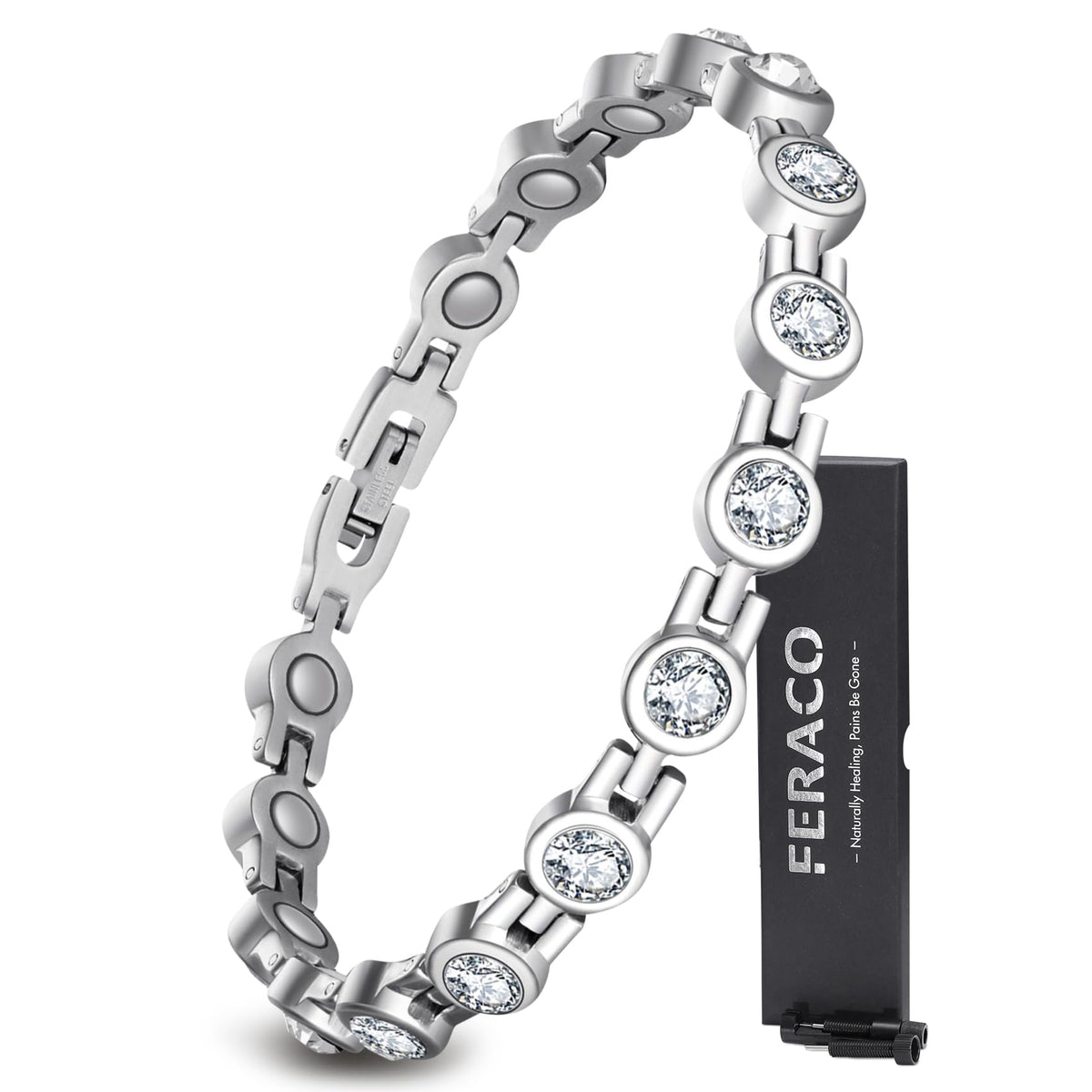 Feraco Magnetic Bracelet for Women Titanium Steel Magnetic Bracelets with Gorgeous Sparkling Cubic Zirconia Costume Jewelry Christmas Gifts (Silver)